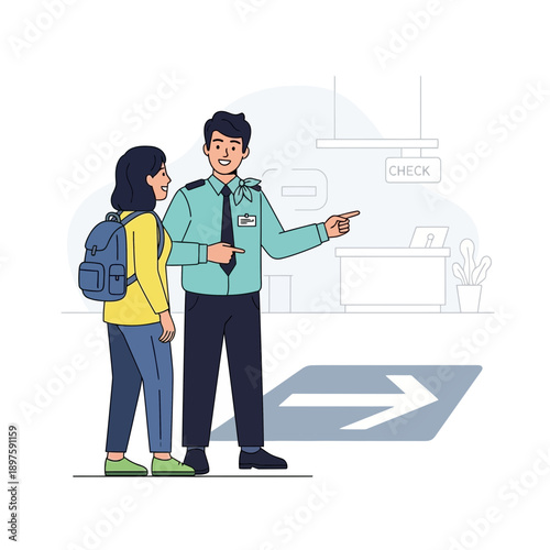 Airport Security Guard Directs Traveler With Backpack Towards Checkpoint Area