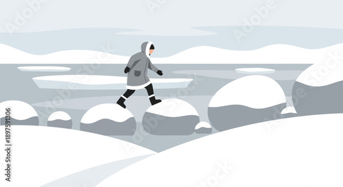 Arctic Explorer Navigates Icy Landscape on Snowy Rocks