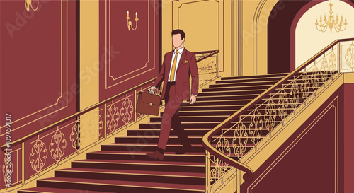 Ambitious Businessman Descending Grand Staircase Elegantly Designed