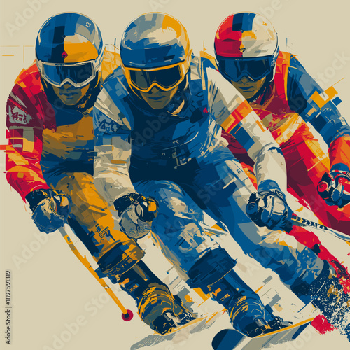 Alpine skiing graphic art effect poster. Alpine skiing dynamic multicolor graphic wallpaper or banner