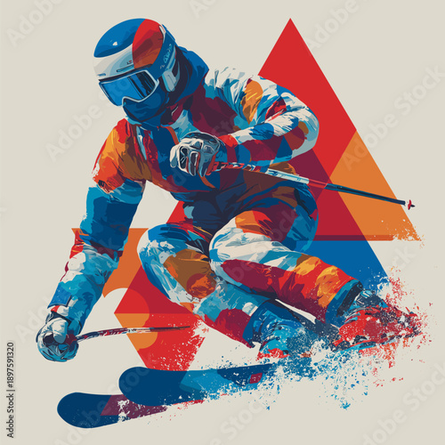 Alpine skiing graphic art effect poster. Alpine skiing dynamic multicolor graphic wallpaper or banner