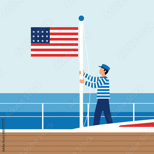 American Flag Raising Nautical Scene on Ship Deck