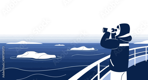 Arctic Explorer Observing Icebergs From Ship Deck