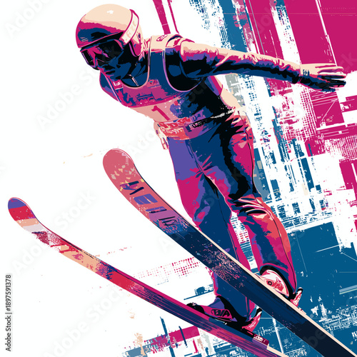 Ski jumping graphic art effect poster. Ski jumping dynamic multicolor graphic wallpaper or banner