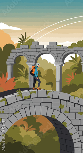 Ancient Ruins Trail Explorer Journeying Through Verdant Overgrowth Discovery