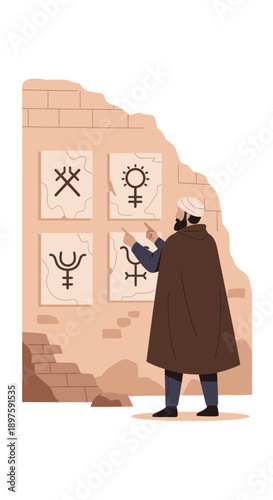 Ancient Scholar Deciphers Mystical Symbols On Aged Wall Discovery Exploration