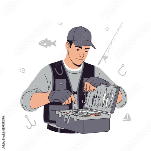 Angler Preparing Tackle Box With Assorted Lures For Fishing Adventure