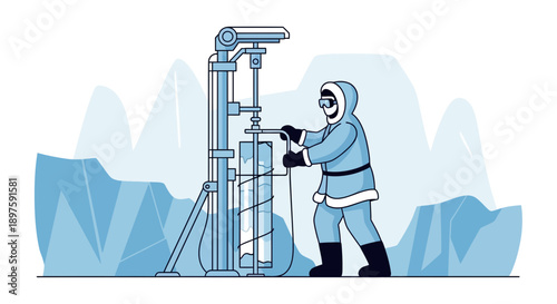 Arctic Scientist Drilling Ice Core Samples For Research In Polar Region