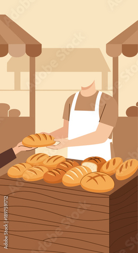 Artisan Baker Selling Freshly Baked Bread At A Bustling Market Stall