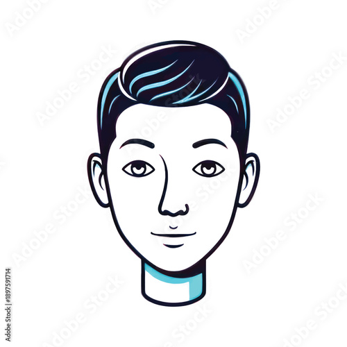 Illustration of a minimalist male avatar head with short dark blue hair in a clean vector portrait.