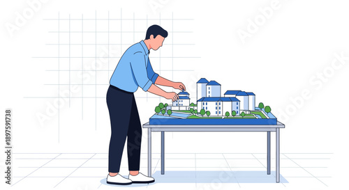Architect Designing A Modern Building Model Blueprint Planning Future Construction Projects