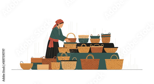 Artisan Displaying Woven Baskets At A Market Stall