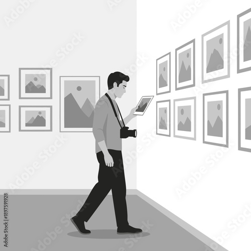 Artist Appreciating Artwork In A Minimalist Gallery Setting