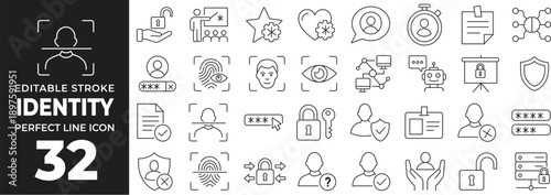 Biometric Identity and Security Line Icon Set with Fingerprint, Face Recognition, Access Control, Verification, Privacy, Login and Digital Authentication Symbols Outline Vector Illustration