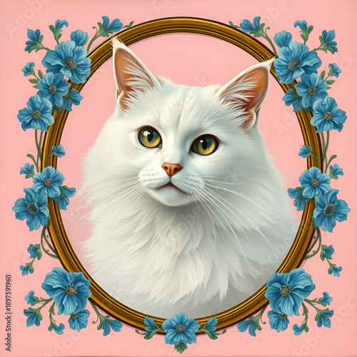 Portrait of a white cat with flowers