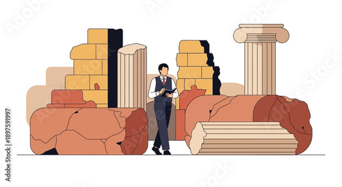 Architectural Ruins Exploration With Man Sketching Notes Minimalist Art