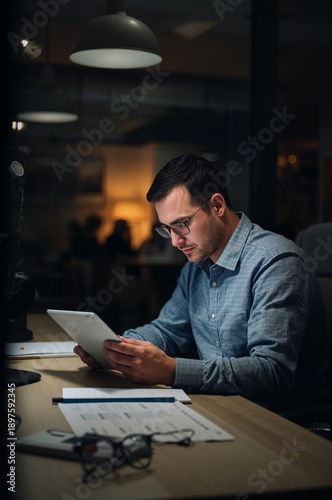 Man Reading on Tablet at Desk in Office During Evening Time