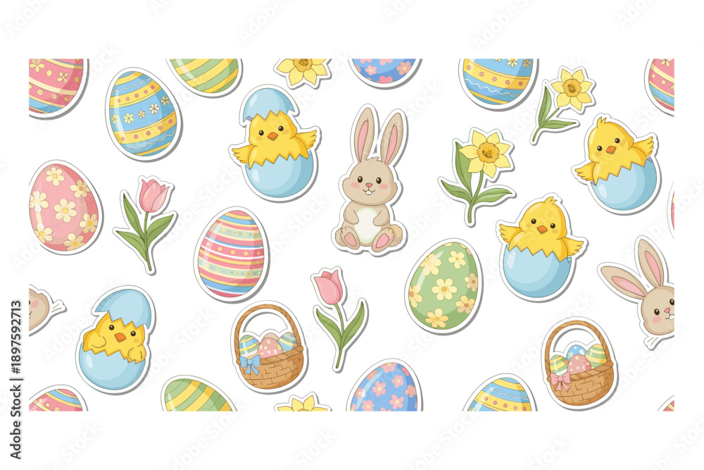 Fototapeta premium Cute Easter eggs, chicks, and bunnies create a delightful seamless pattern, perfect for spring holiday designs and festive decorations.