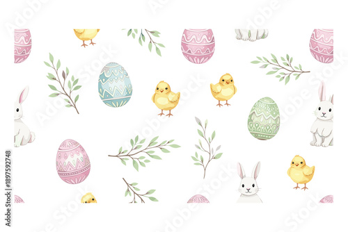 Easter eggs chicks bunnies branches spring pattern creates a delightful and festive illustration for holiday celebrations and seasonal designs.