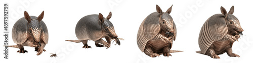 Set of Four Armadillos Eating Insects, Realistic Nocturnal Mammal Feeding Scene, Dasypodidae Wildlife Collection isolated on white transparent PNG background