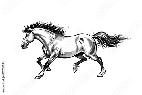 Galloping horse illustration with dynamic black and white brushstrokes and expressive ink splatters, capturing the power and movement of the majestic animal.