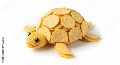 Creative food art turtle made from potato chips and snacks with layered shell and textured limbs in playful culinary design