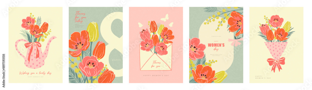 Fototapeta premium Set of elegant greeting card designs for International Women's Day in a modern style with a grainy texture, featuring images of a watering can with flowers, an envelope, a bouquet with a bow, and