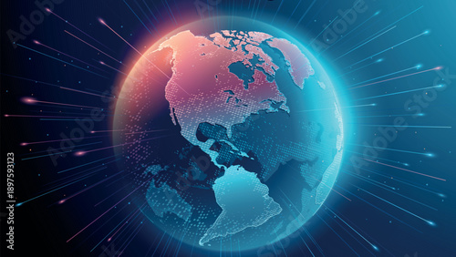 Dark blue vector background. Planet Earth. Abstract technological rings in the orbit of the planet. Global communication system and communication satellites. Religious image. The effect of movement.