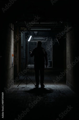 Silhouette of a Person Standing in a Dimly Lit Hallway During a Photoshoot at...