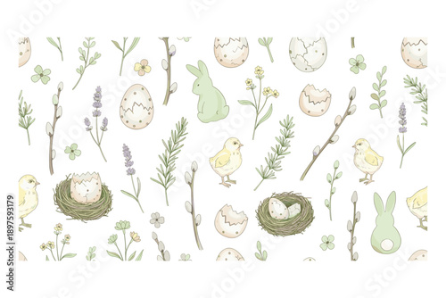 Easter chicks, bunnies, eggs, nests, and spring flora create a delightful seamless pattern illustration, perfect for seasonal designs, textiles, and festive celebrations.
