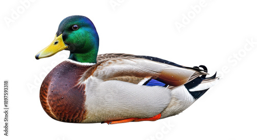 Mallard duck with water drops, isolated on white background