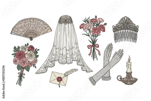 Vintage wedding accessories and romantic elements are beautifully illustrated in a charming, nostalgic style, evoking a sense of historical elegance and timeless romance.