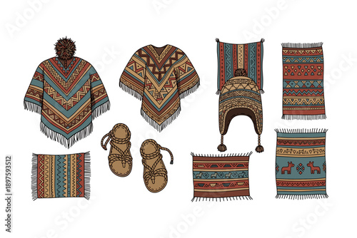 Andean traditional clothing and textiles featuring ponchos, a chullo hat, sandals, and patterned rugs with cultural motifs in a hand-drawn illustration style.