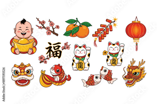 Traditional Chinese New Year symbols and good luck charms are vibrantly illustrated, featuring festive elements like dragons, lanterns, and lucky cats.