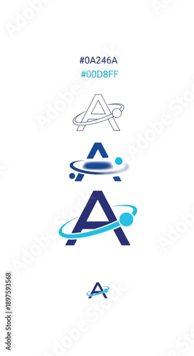 Abstract futuristic logo with orbital rings and space motifs in blue and purple tones.