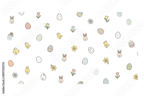 Cute Easter eggs, bunnies, chicks, and flowers create a delightful pastel pattern perfect for spring holiday designs and celebrations.