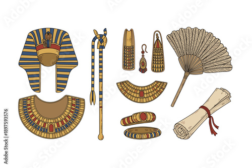 Ancient Egyptian artifacts and symbols collection in a hand-drawn cartoon style, showcasing historical culture and royal accessories.