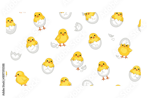Cute little yellow chicks hatching from eggs and standing around in a cheerful seamless pattern, symbolizing new life and springtime joy.