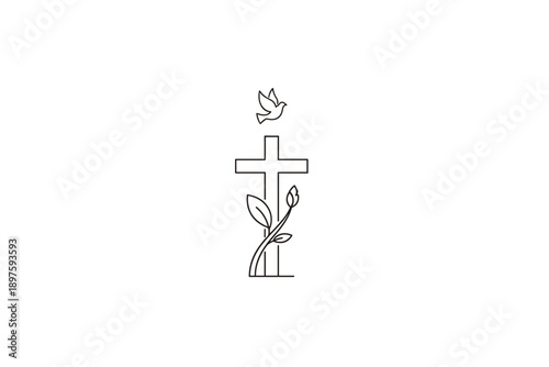 Christian cross with a growing vine and flying dove depicted in a minimalist black line art illustration, symbolizing faith, peace, and new life.