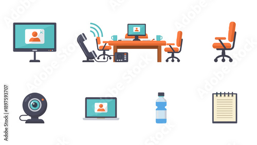 Modern office meeting setup with flat design elements for video conferences