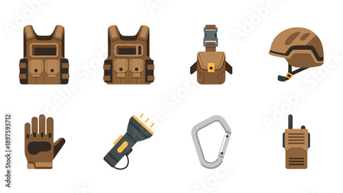 Military gear set: tactical vest, helmet, gloves, flashlight, carabiner, radio icons