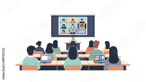 Hybrid learning environment with students in classroom and virtual meeting