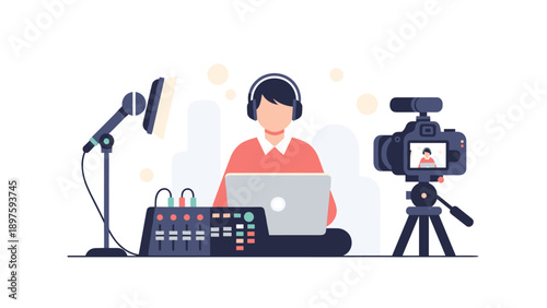 Podcast recording with headphones and laptop in a home studio setup