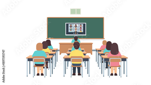 Classroom with students attending online lesson on screen