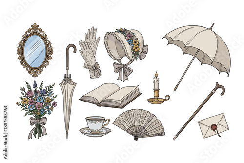 Collection of elegant vintage Victorian era accessories, including a mirror, gloves, bonnet, umbrella, book, and fan, beautifully illustrated in a classic style.