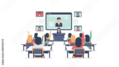 Hybrid learning classroom with students and teacher in flat design