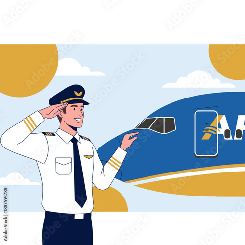 Aviation Pilot Saluting in Front of Airplane Cockpit Profession Travel