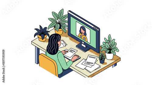 Remote work home office with plants and video call on computer