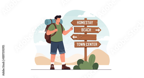 Backpacking Explorer Choosing Destinations At A Crossroads Sign