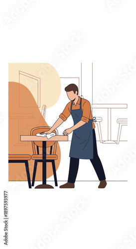 Barista Cleaning Table In Cafe Preparing For New Customers Service